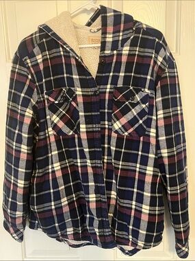 Boston Traders Navy Pink White Plaid Sherpa-Lined Hooded Shirt Jacket